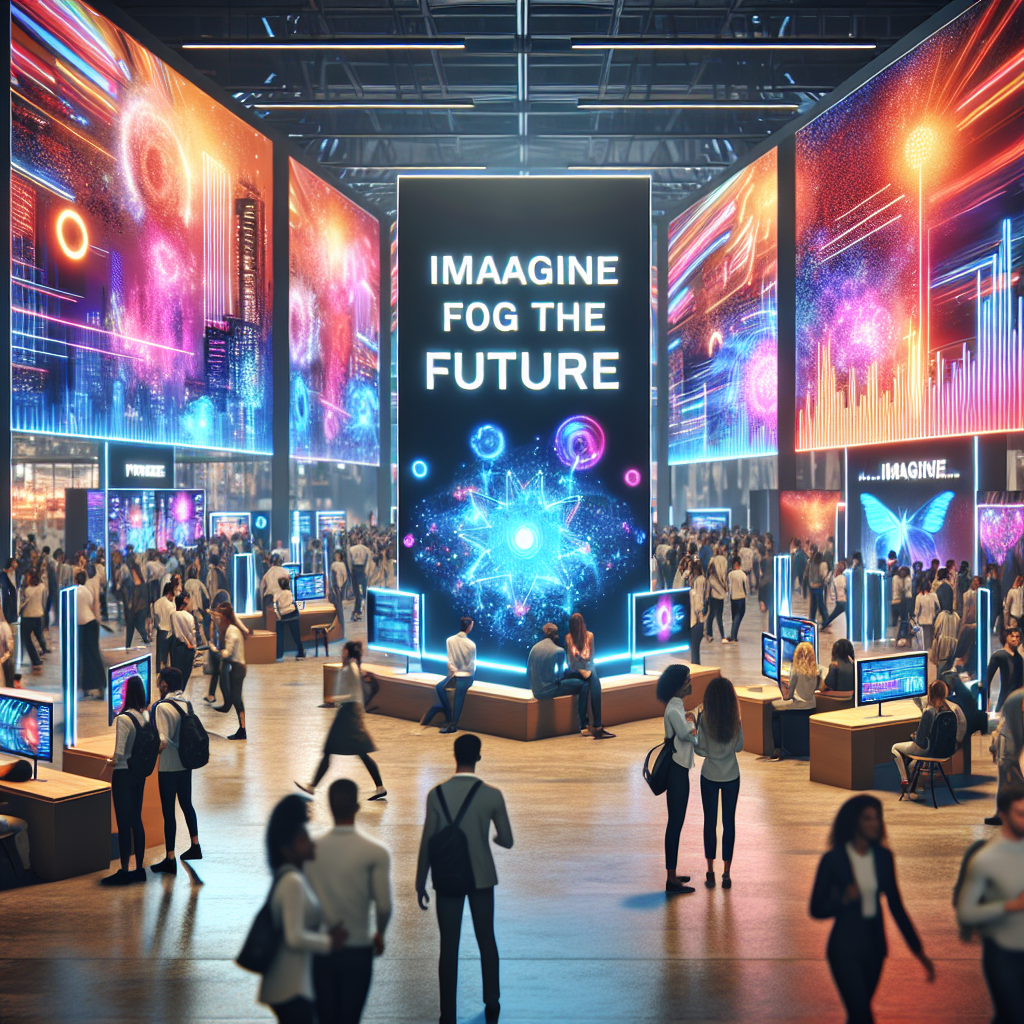 Generate an image of a futuristic recruitment event held by a tech startup. Include a high-energy atmosphere with digital screens displaying company values, interactive kiosks for candidate engagement, and a seamless blend of physical and digital branding elements.