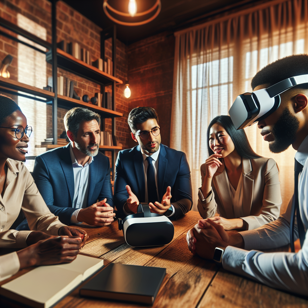 Generate an image of a startup's recruitment team discussing in a cozy meeting room with virtual reality headsets on the table, emphasizing flexibility in recruitment strategies using technology and new age tools.