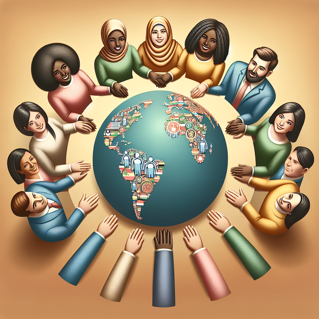 Generate an image showcasing a diverse group of people symbolically holding hands around a globe, representing the importance of diversity and inclusion in creating a recruitment strategy that connects globally.