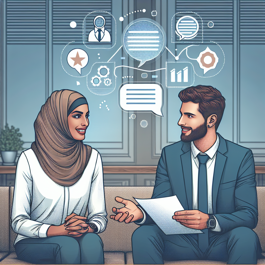 Generate an image of a transparent communication process in recruitment, depicting a recruiter and client in clear, open dialogue. Visualize this with speech bubbles and connecting lines to represent transparent and effective communication, set in a comfortable office environment with friendly expressions.