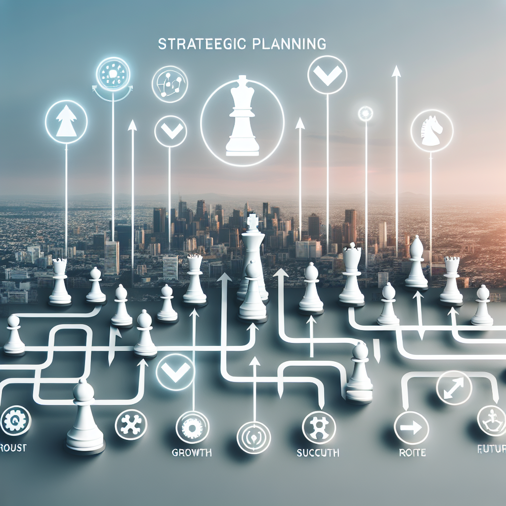 Generate an image of a strategic landscape showing paths of growth and success in recruitment. Include symbols of strategic planning like chess pieces and directional arrows overlaid on a bustling cityscape to denote strategic value and planning for long-term success.
