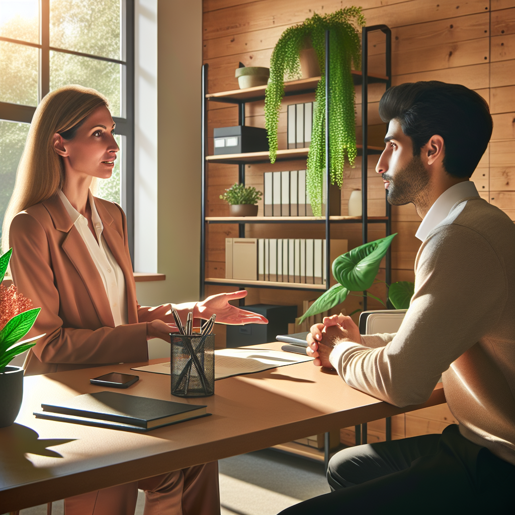 Generate an image of a personal consultation setting, where a recruiter offers additional support to a client. Display this with a warm and inviting office space, featuring books and plants, emphasizing personalized service and support for sustainable client relationships.