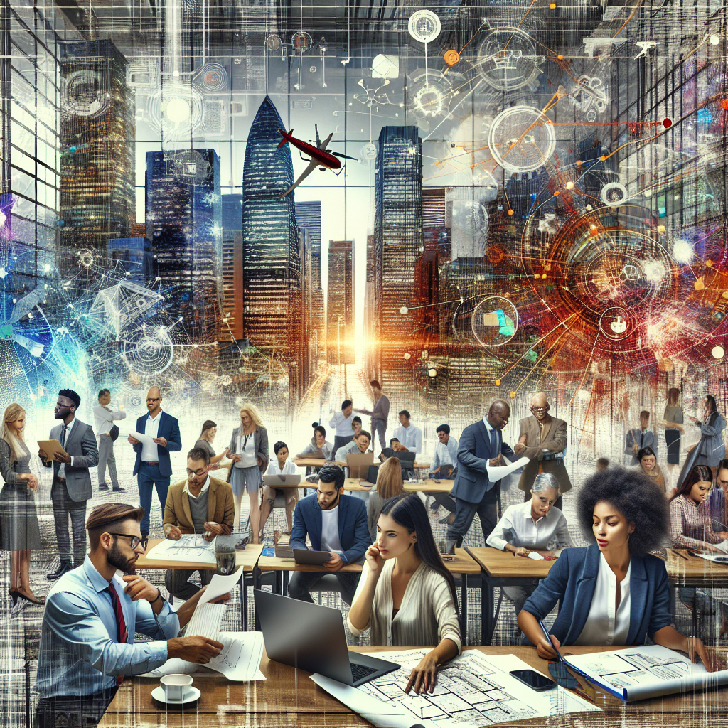 Generate an image illustrating a bustling modern office with diverse professionals working in harmony. The focus is on the flexibility of a staffing agency seen as a dynamic hub connecting various individuals and skill sets. Bright colors symbolize adaptability and connection.
