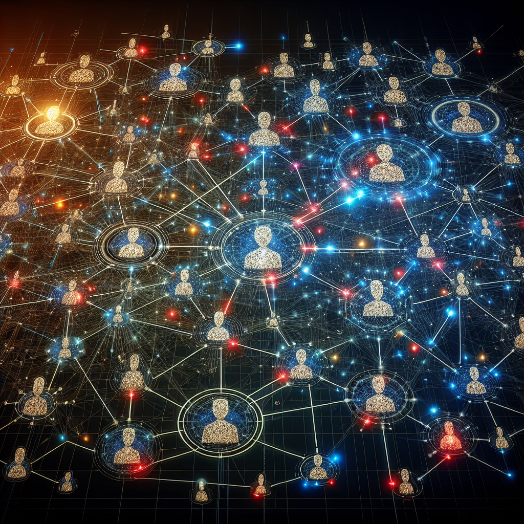 Generate an image depicting a large, expansive network web in a futuristic digital style. Each node represents a candidate, showcasing the vast and varied talent pool that staffing agencies have access to, with lines and connections glowing to highlight interconnectivity.