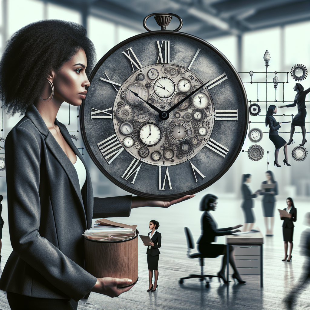 Generate an image of a business executive in a serene office environment looking at a clock with various tasks efficiently streamlined around them. This symbolizes the time-saving aspect of using staffing agencies, with a monochrome palette reflecting clarity and focus.