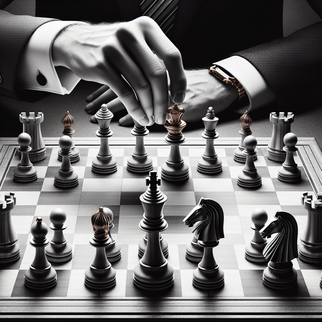 Generate an image of a chessboard where pieces representing risk and strategy are being moved by corporate hands. This portrays staffing agencies as strategic partners mitigating risk, using a realistic art style with a sense of movement and anticipation.