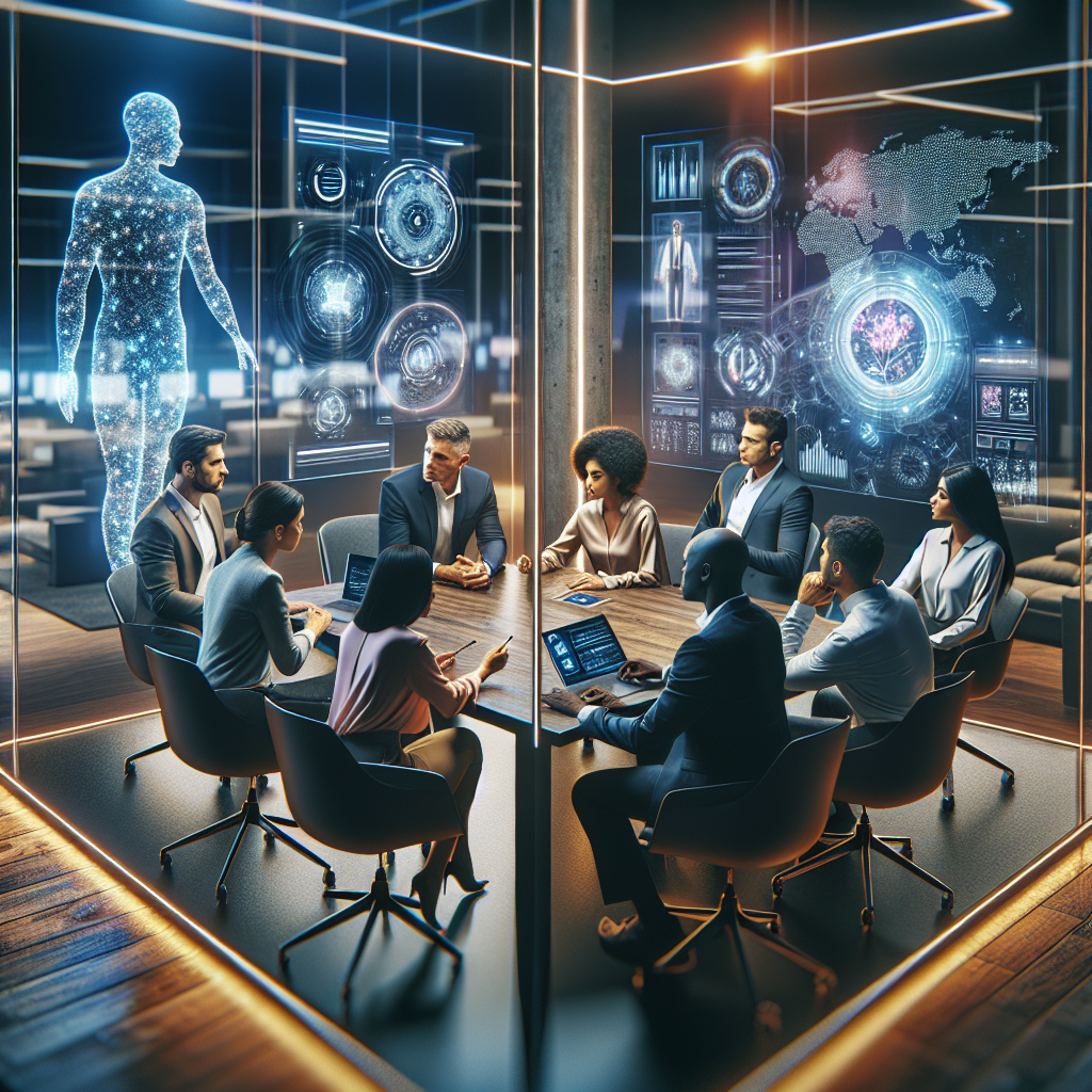 Generate an image of a modern recruitment office with a diverse team brainstorming around a table, surrounded by digital screens displaying advanced AI recruitment tools and strategy charts. The atmosphere should convey collaboration and innovation, with bright lighting and contemporary office decor.