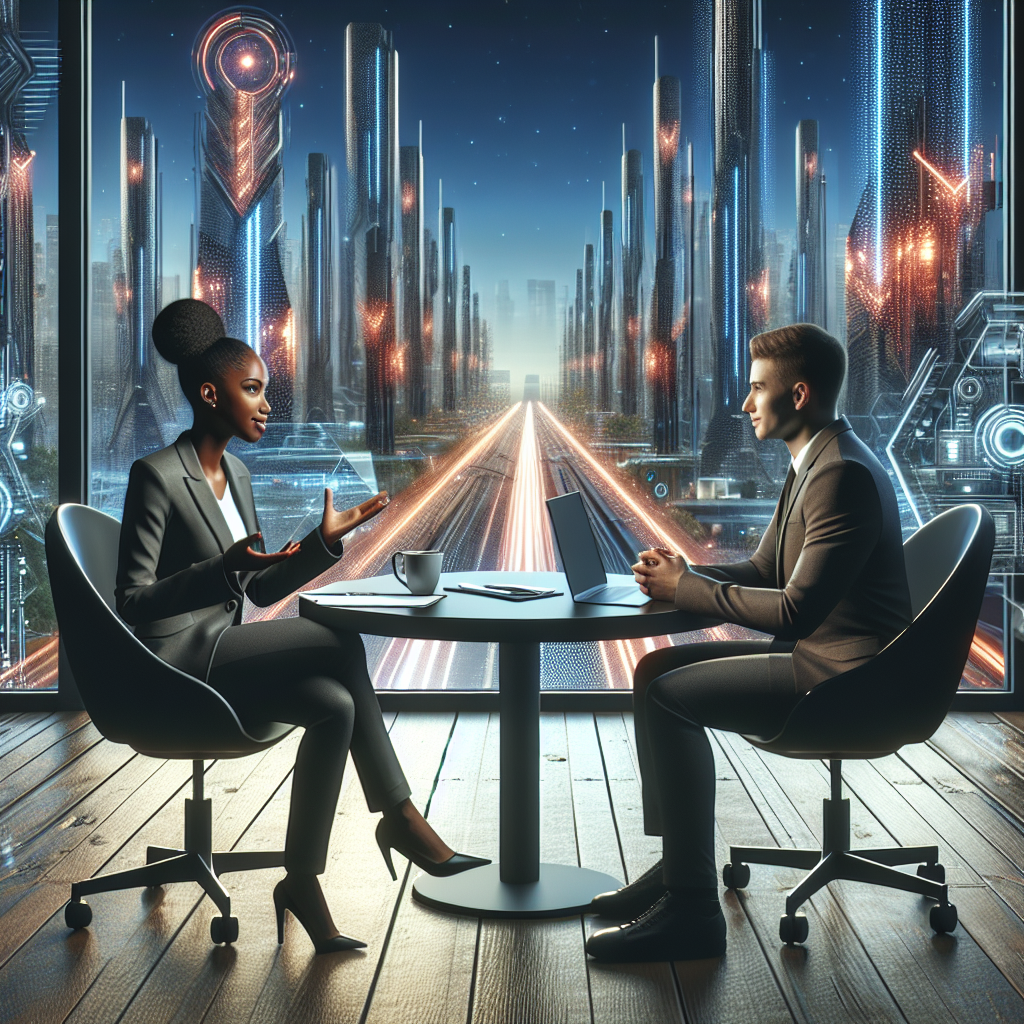 Generate an image of a recruitment consultant having a transparent and friendly conversation with a candidate, with a futuristic cityscape in the background. The setting should reflect mutual respect and understanding, highlighting the importance of clear communication in recruitment.