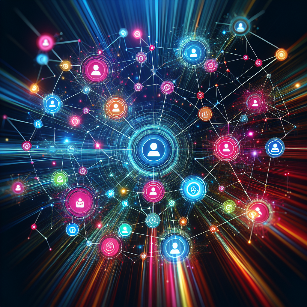 Generate an image of a digital network web connecting multiple nodes labeled as 'candidates' and 'clients', symbolizing interconnected relationships. The web should appear dynamic and vibrant, with glowing lines and an abstract representation of a tech-driven recruitment process.