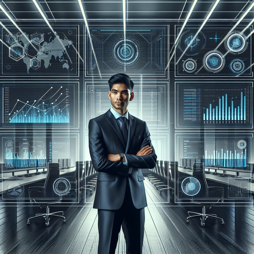 Generate an image of a professional recruiter standing confidently in front of a multi-tiered digital dashboard showcasing metrics of recruitment efficiency and client satisfaction. The scene should be a blend of professionalism and cutting-edge technology, with a sleek and minimalist design.