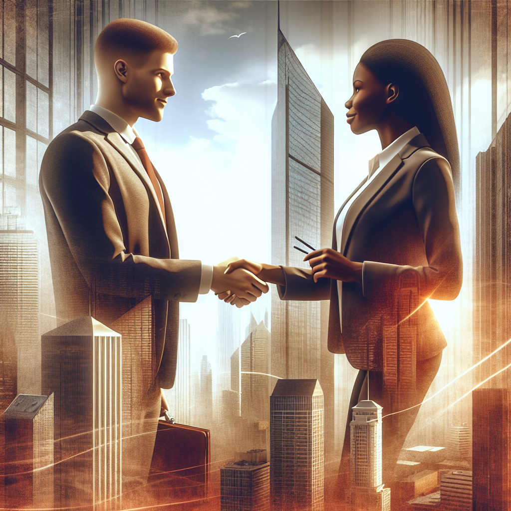 Generate an image depicting the concept of building trust in business, where a recruitment consultant is shaking hands with a corporate leader against a backdrop of tall city skyscrapers. The scene should be warm and professional, capturing mutual respect and collaboration in a realistic style.