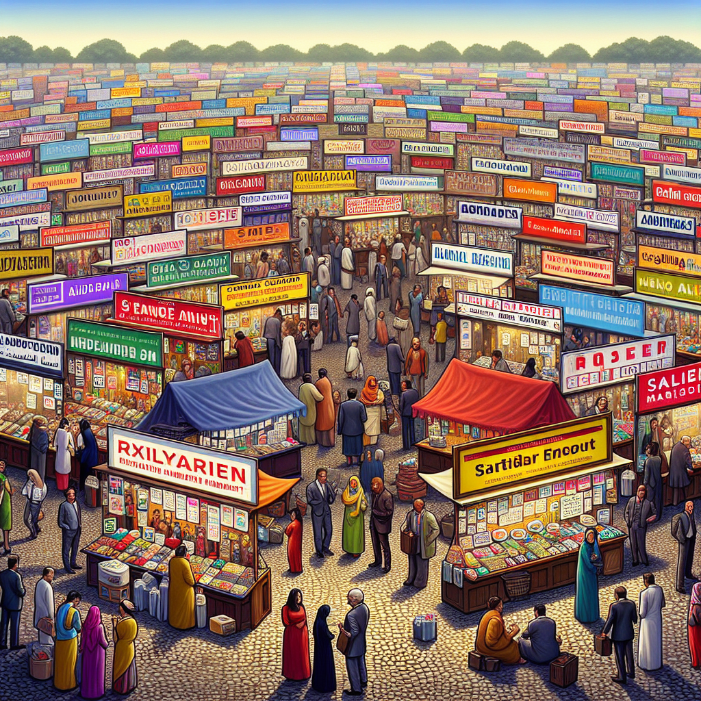 Generate an image of a crowded marketplace, filled with recruitment agencies represented as unique and colorful stalls. Each stall has its own distinct branding and offerings, visualizing the challenge of standing out in a saturated market. The style should be vibrant and detailed, focusing on diversity.