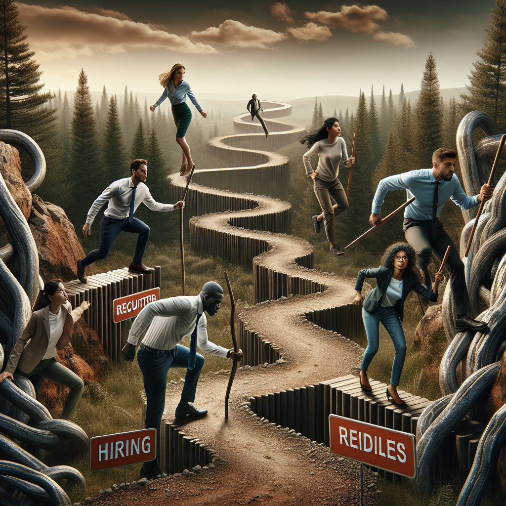 Generate an image showing a recruitment agency team navigating a challenging path filled with both internal and external obstacles, symbolized by a winding road with hurdles and detours. The style should be dramatic and inspiring, capturing resilience and strategic thinking.