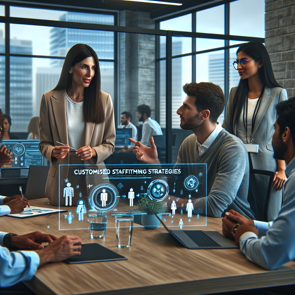 Generate an image depicting a recruitment consultant meeting with a client in a modern office setting, discussing tailored recruitment approaches. The scene should convey professionalism and collaboration, with diverse individuals engaging in creative brainstorming, surrounded by digital tools that illustrate innovation in recruitment strategies.