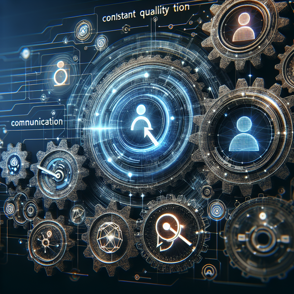 Generate an image showing an abstract representation of consistent quality and communication in recruitment. Use symbols like interconnected gears and digital communication icons, with a futuristic aesthetic. Integrate elements of technology like AI and data analysis to capture the essence of streamlined recruitment processes.