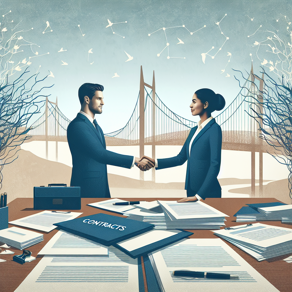 Generate an image illustrating the concept of long-term partnerships in the recruitment industry. Show two professionals shaking hands over a table filled with contracts and documents, symbolizing trust and ongoing collaboration. The background should include visual metaphors like bridges or intertwined trees to suggest strength and growth.