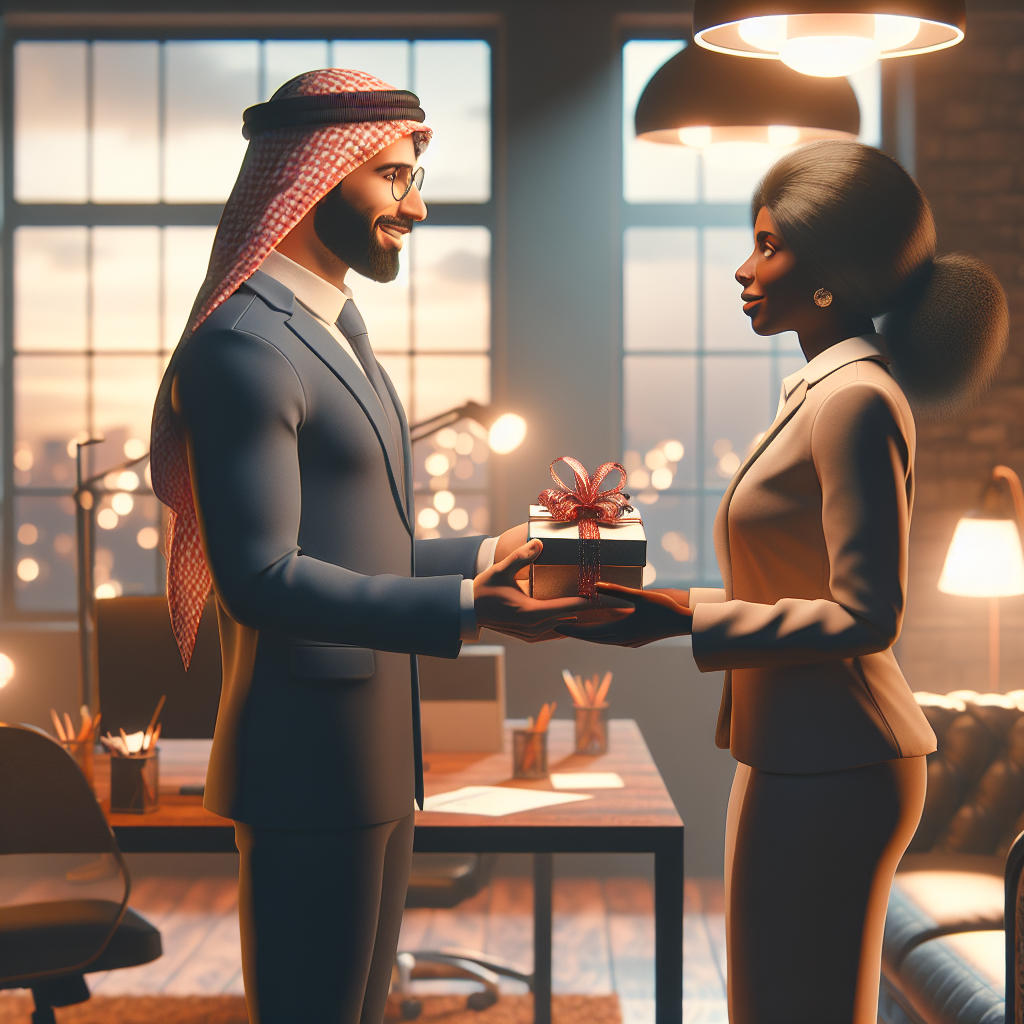 Generate an image focusing on post-care and showing appreciation in client relationships within recruitment. Visualize a cozy office atmosphere where a recruitment consultant presents a thank you gift to a satisfied client, with warm lighting and subtle congratulatory decor, highlighting the importance of client appreciation and retention.