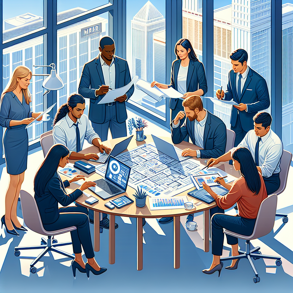 Generate an image showcasing a diverse group of professionals collaborating around a table, symbolizing the external expertise offered by a recruitment partner. The scene is a vibrant and lively office setting with detailed expressions and interactions, illustrating teamwork and varied skills.