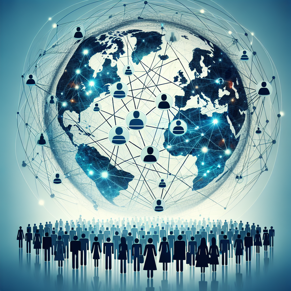 Generate an image depicting a vast interconnected network symbolizing broad network access. The network is visually represented as a digital web spanning across a globe, with various multicultural silhouettes connected to it, emphasizing global reach and diversity.