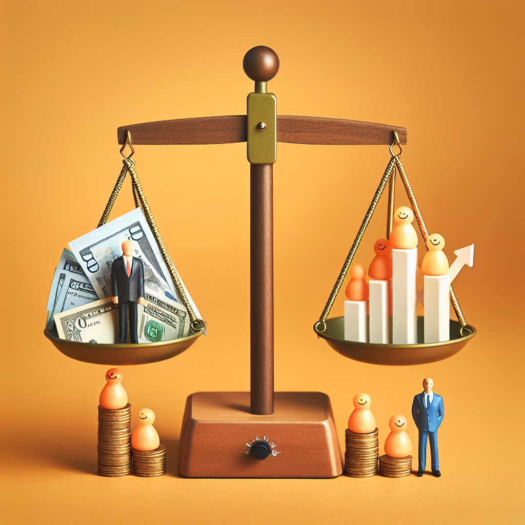 Generate an image highlighting the concept of cost-efficiency with a visual metaphor of a balanced scale. On one side, depict piles of money, and on the other, symbols representing successful recruitment outcomes like a hired candidate and a productivity graph, illustrating the value-for-money aspect.