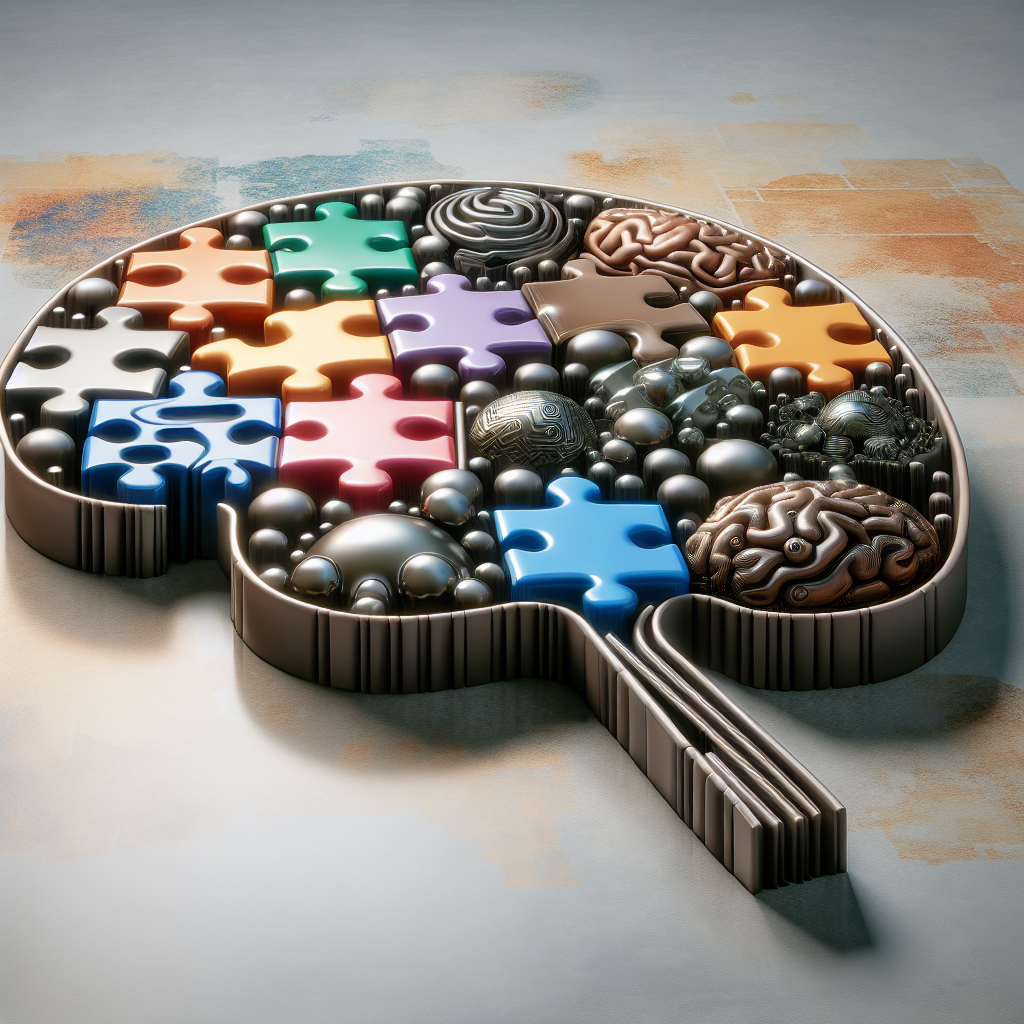 Generate an image capturing the essence of flexibility and objectivity in recruitment. Show a puzzle with interchangeable pieces forming the shape of a human brain, each piece symbolizing different skills and attributes. The pieces vary in color and texture, suggesting versatility and balanced decision-making.