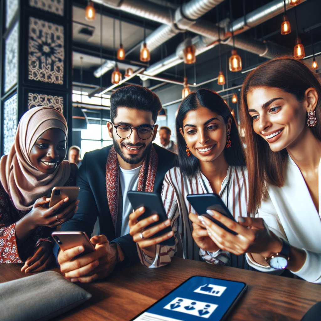 Generate an image of a diverse group of young professionals, including millennials and Gen Z, engaging with a recruitment agency's Instagram page on their smartphones. The setting should be a trendy cafe with a lively atmosphere, capturing a youthful and dynamic engagement with the platform for job opportunities.