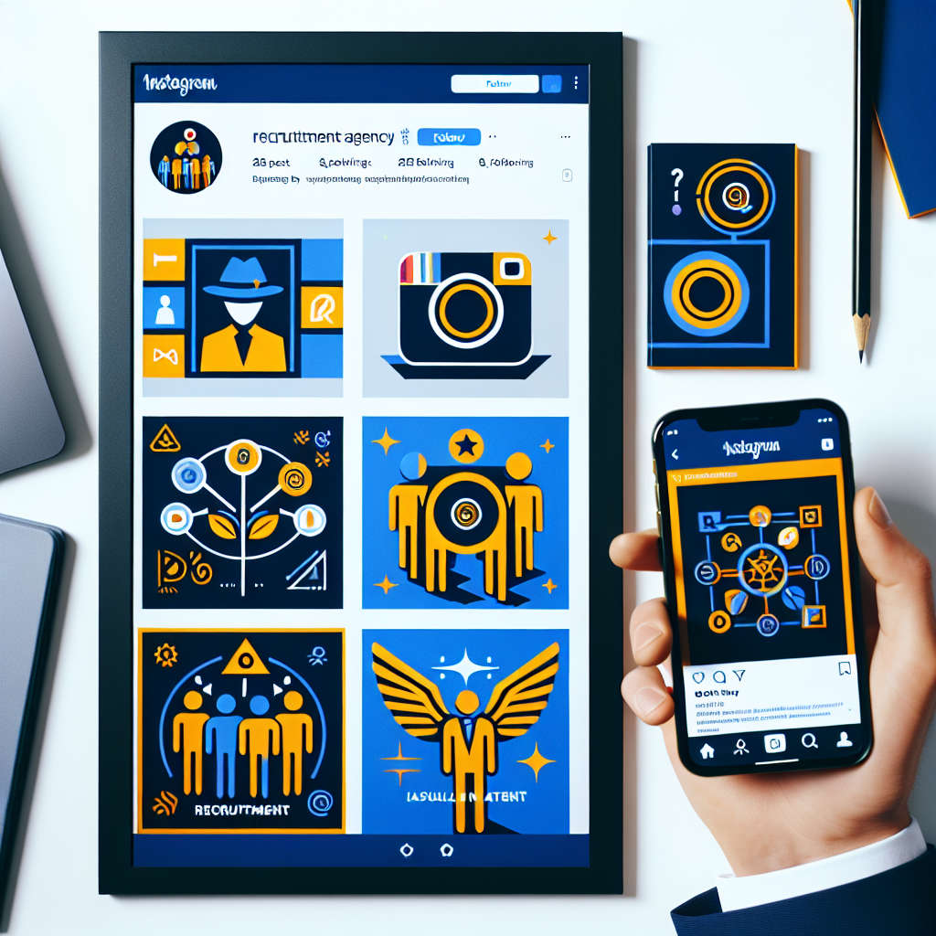 Generate an image of a creative visual branding concept for a recruitment agency on Instagram. The image should show a series of aesthetically pleasing Instagram posts with consistent brand elements, vibrant colors, and attractive graphics that appeal to young talent. The posts should demonstrate the agency's values and culture.
