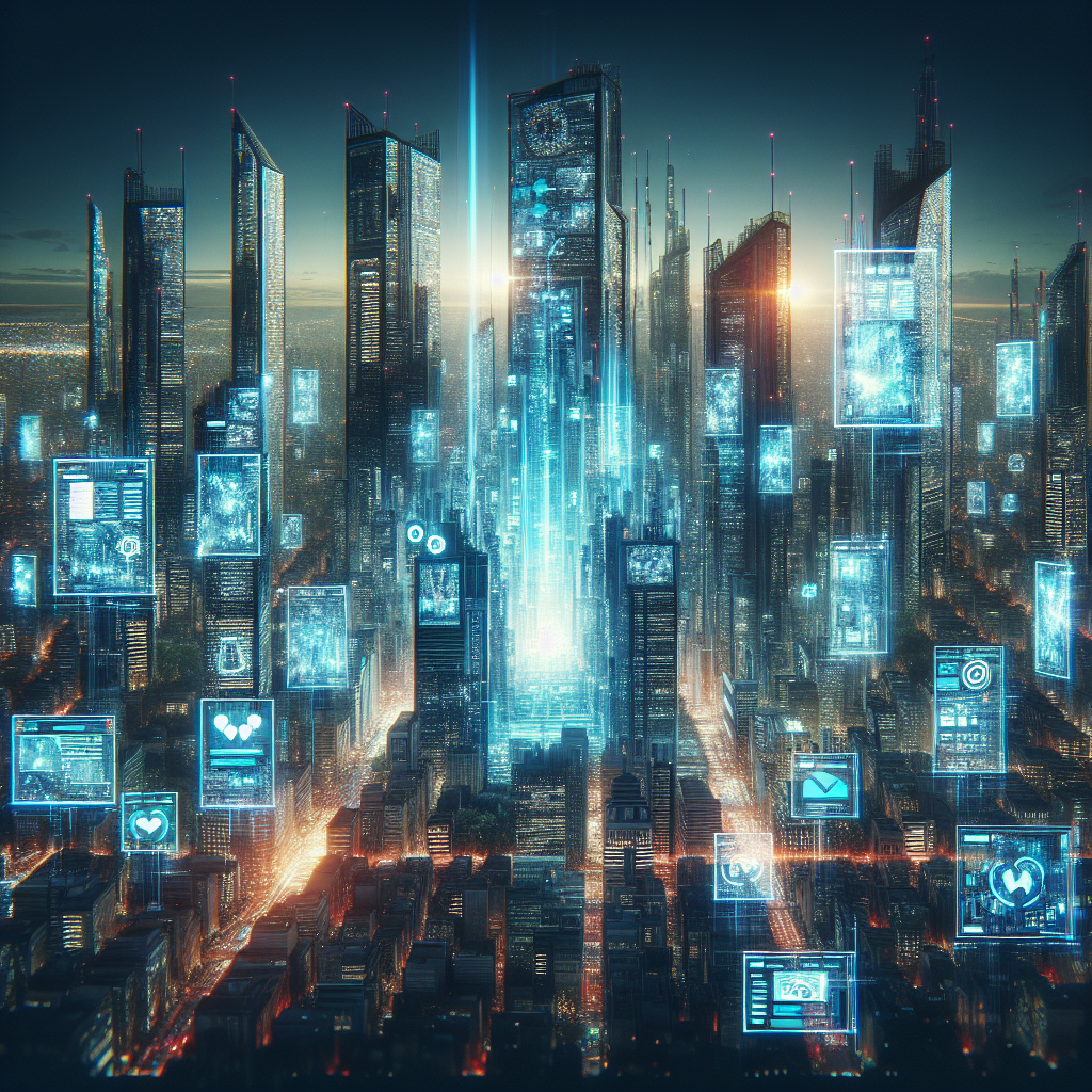 Generate an image of a futuristic cityscape with billboards and holographic displays showing recruitment ads via Instagram. The scene should represent how digital innovation through social media has become intertwined with recruitment strategies, illustrating a seamless integration of technology and talent acquisition.