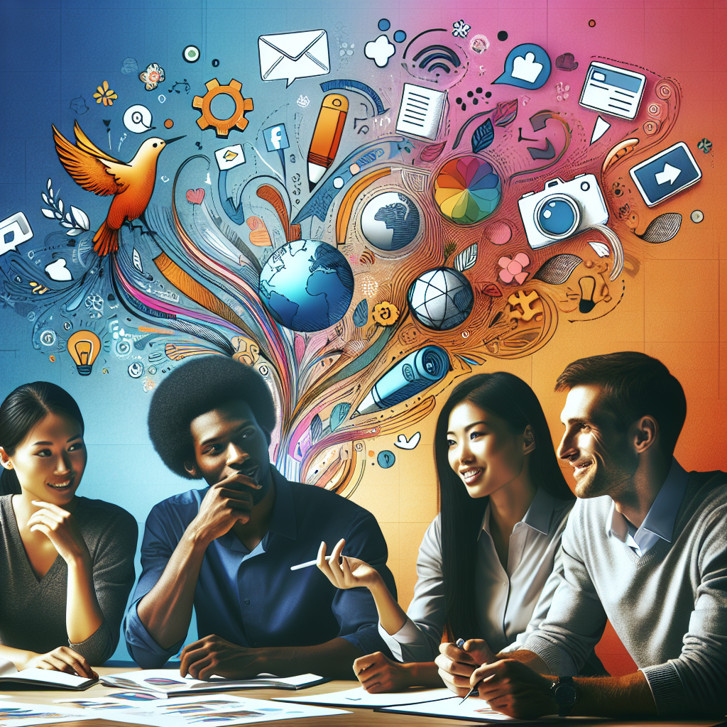 Generate an image of a diverse recruitment team brainstorming in a vibrant workspace, with social media icons floating around, symbolizing the integration of social media into their recruitment strategy. The scene should be lively and dynamic, capturing the spirit of collaboration and innovation.