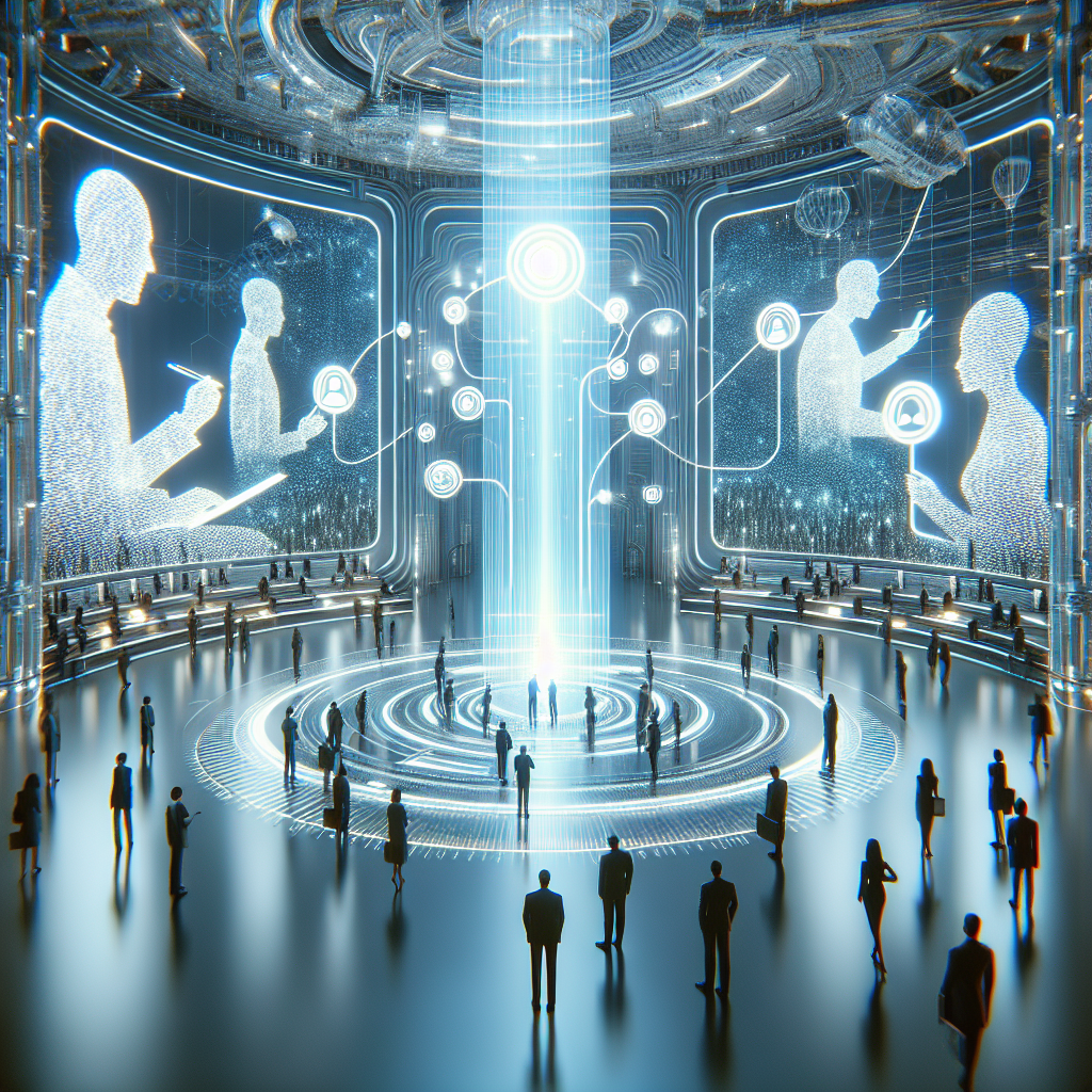 Generate an image of a futuristic digital landscape where recruiters are connecting with potential candidates through virtual social media platforms. The environment should be sleek and modern, highlighting the blend of technology and recruitment in attracting talent.
