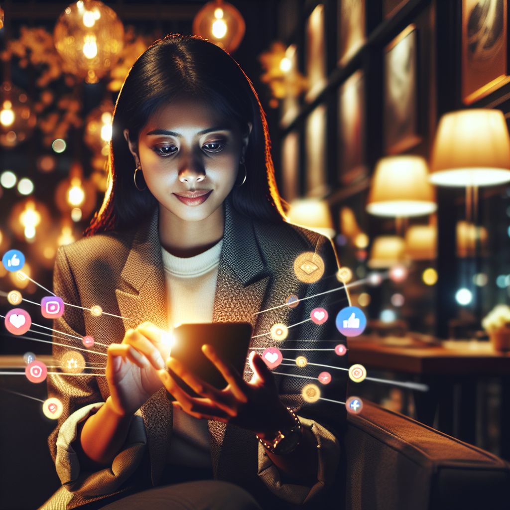 Generate an image of a young professional scrolling through a mobile device in a cozy, ambient setting. The screen should display various authentic social media posts that are creatively crafted to engage and attract talent. The mood should be warm and inviting.