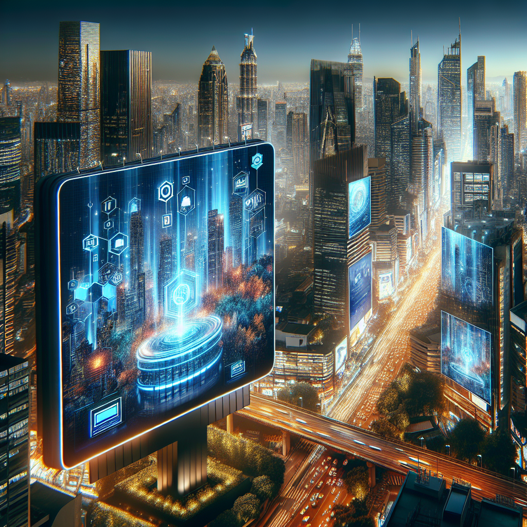 Generate an image of a creative recruitment campaign on a large digital billboard, showcasing eye-catching visuals and bold text. The setting should be an urban cityscape at night, with the billboard standing out, symbolizing the impactful use of visuals in social media recruitment.