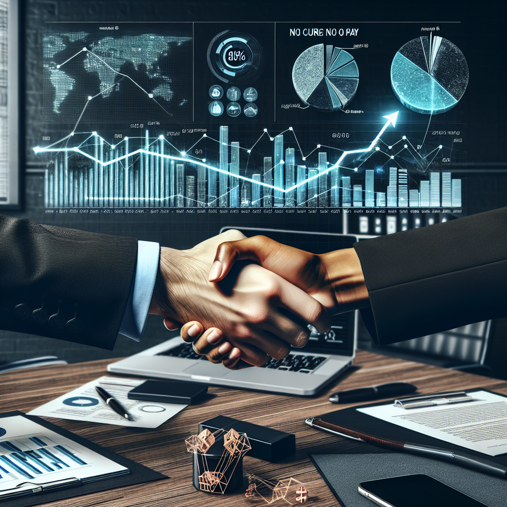 Generate an image of a business handshake overlaid with graphs depicting successful sales outcomes to illustrate the concept of No Cure No Pay sales models in action. The background should feature an office setting with documents and a laptop to emphasize a business environment.