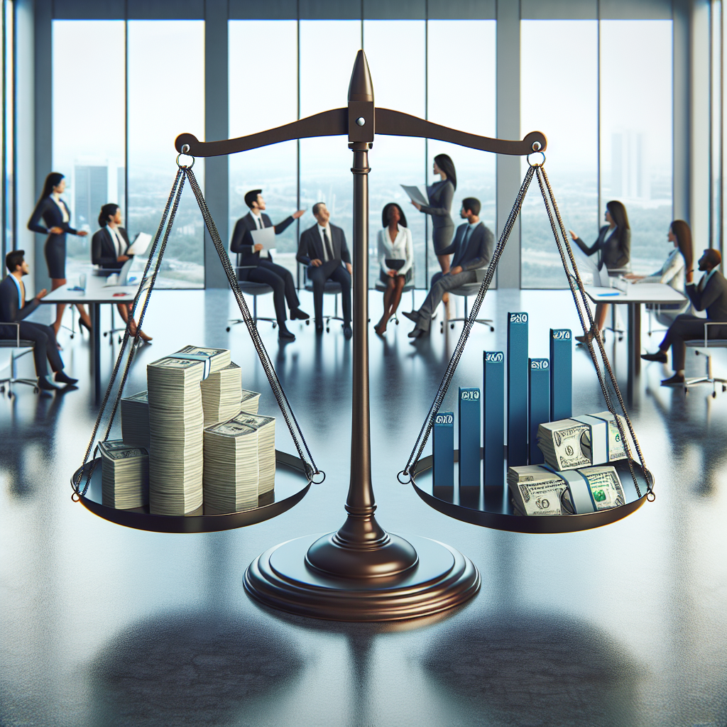 Generate an image of a balanced scale, with one side showcasing money and the other displaying graphs of achieved sales targets, to represent the No Cure No Pay sales model. The scales should be placed in a modern office with professionals discussing strategies in the background.