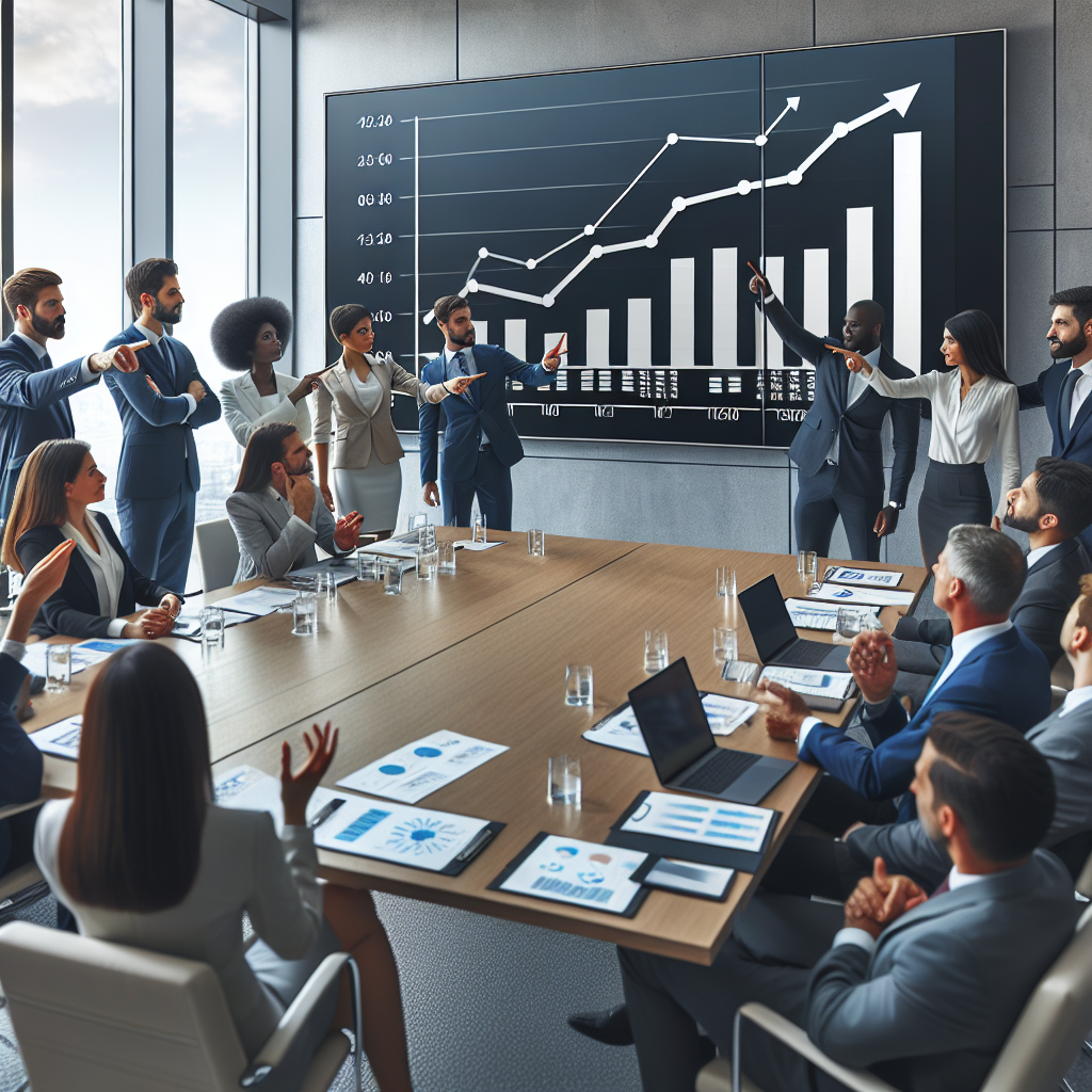 Generate an image of a confident team of business professionals in a meeting room, pointing towards a large screen displaying increasing sales metrics, symbolizing the benefits of partnering with reliable acquisition agencies under a No Cure No Pay sales model.