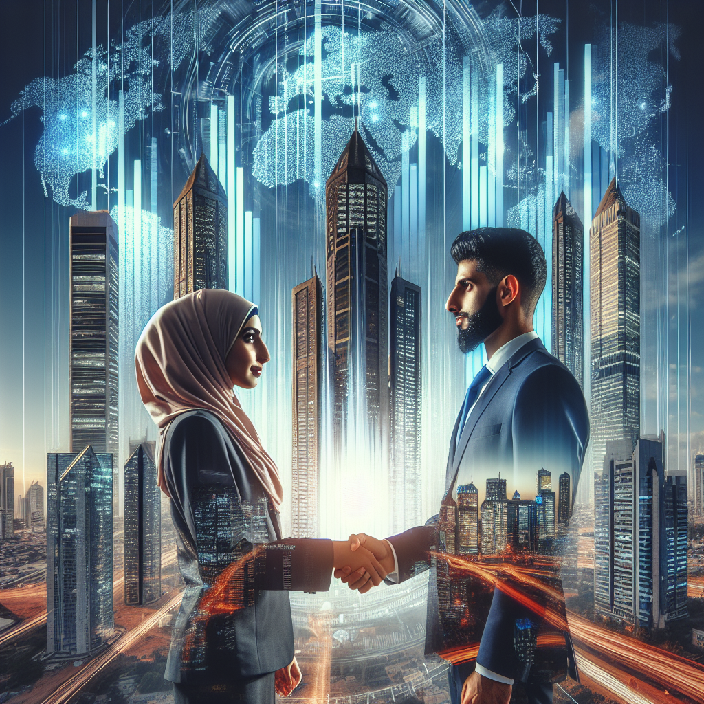 Generate an image of a futuristic city backdrop with digital sales charts projected in the sky, symbolizing innovation and progress in sales strategies. In the foreground, two business partners shake hands, representing a successful collaboration under a No Cure No Pay model.