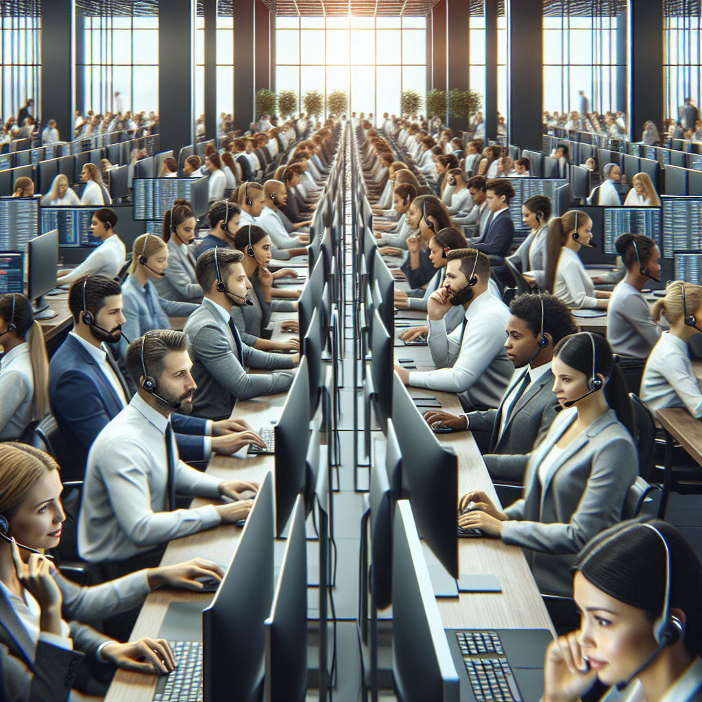 Generate an image of a busy call center with diverse professionals engaged in phone conversations, using headsets, surrounded by multiple computer screens displaying data analytics in a modern office setting. Capture a sense of urgency and focus as team members collaborate to build strong client relationships through calls.