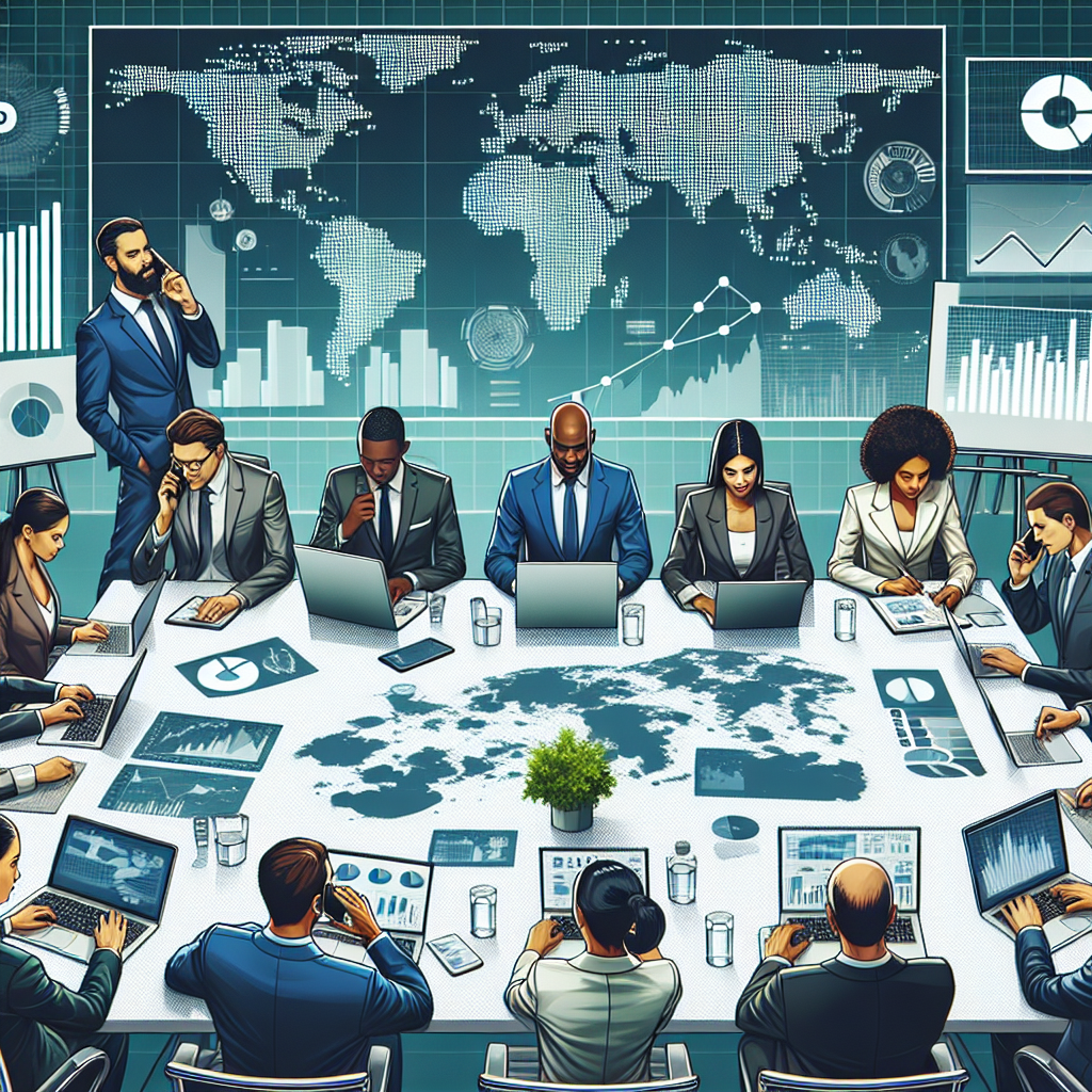 Generate an image depicting a business meeting with executives discussing over a large conference table filled with laptops, charts, and smartphones. One executive is on a phone call, symbolizing the importance of phone communication in B2B markets. The background shows a digital world map on a large screen, emphasizing global connectivity.