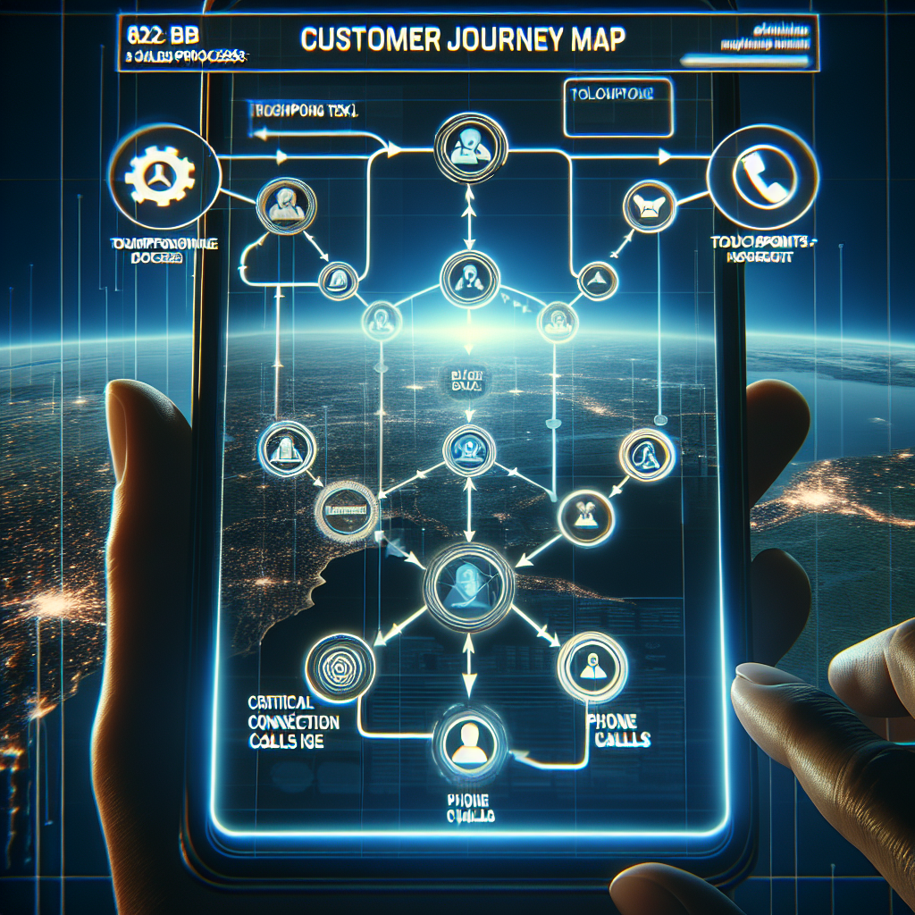 Generate an image of a futuristic digital interface displaying a 'customer journey map' with highlighted touchpoints, where phone calls are prominently illustrated as critical connection nodes in a B2B sales process. The interface should look sleek and high-tech, with holographic elements to convey innovation.