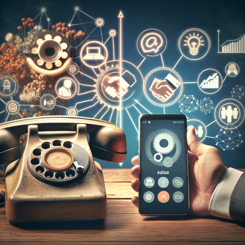 Generate an image contrasting traditional and digital marketing tools, with a central motif of an old-fashioned telephone with a rotary dial juxtaposed against a digital smartphone app icon for sales tracking. Incorporate symbols of customer relationships, like handshake and network graphs, in the background, blending past and future.