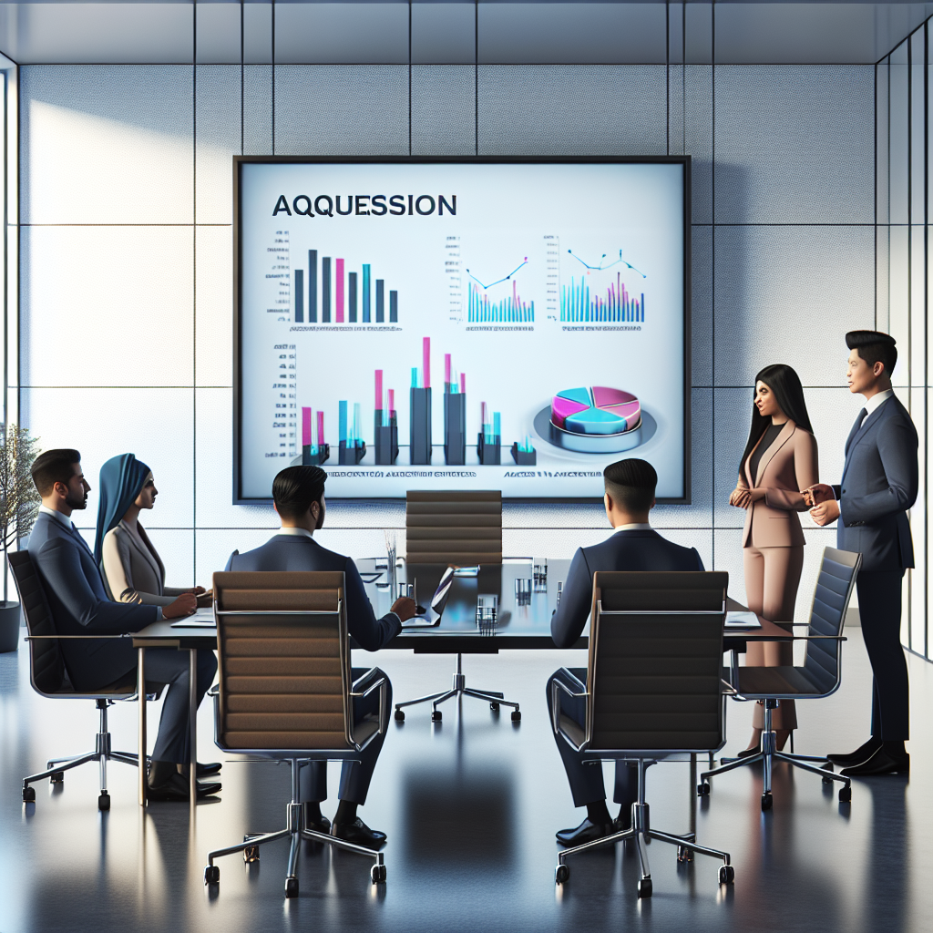 Generate an image of a professional business meeting where a team of experts is discussing acquisition strategies. The room is modern with a big screen displaying graphs and charts representing increases in efficiency and cost-saving measures.