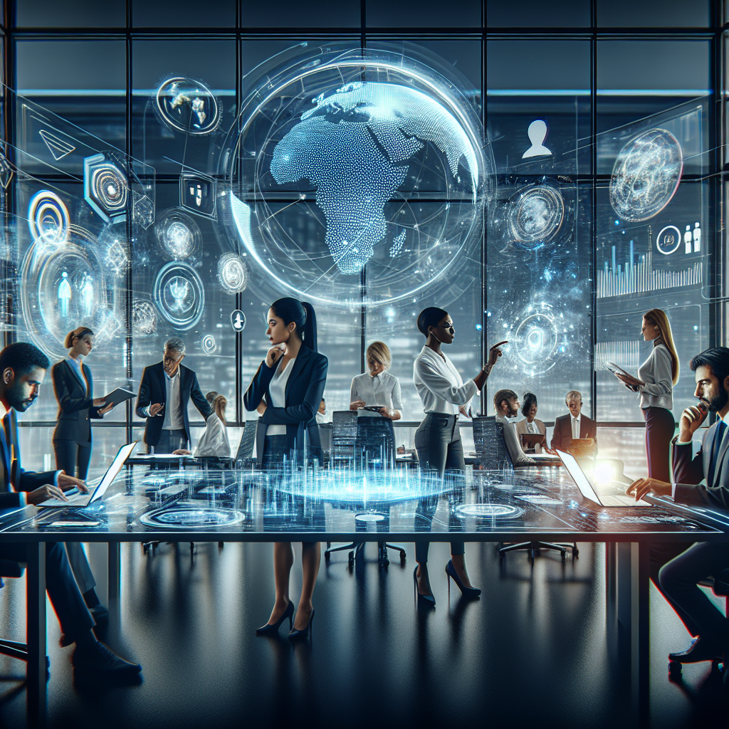 Generate an image of a futuristic office setting where diverse professionals are collaborating through digital interfaces. The environment should emphasize technology and innovation, symbolizing expert knowledge in acquisitions supporting core business activities.