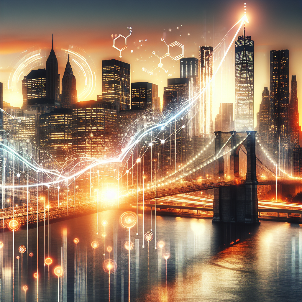 Generate an image of a dynamic city skyline at sunset, with abstract representations of growth and scaling, such as ascending lines or arrows. In the foreground, a flexible acquisition partner is metaphorically depicted as a bridge connecting business goals with success.