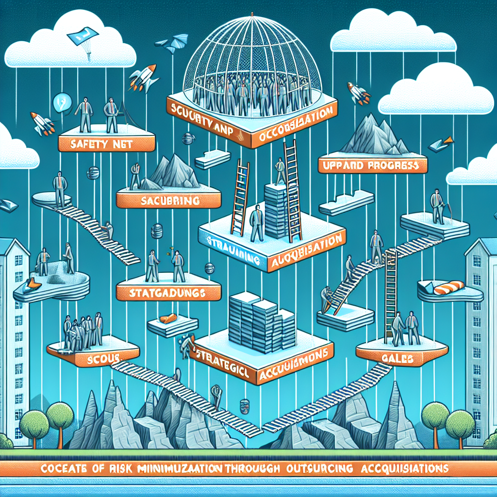 Generate an image of a multi-layered visual depicting risk minimization through outsourcing acquisitions. The composition should include elements like safety nets, ladders, and stepping stones, illustrating a path to achieving sales goals efficiently and safely.