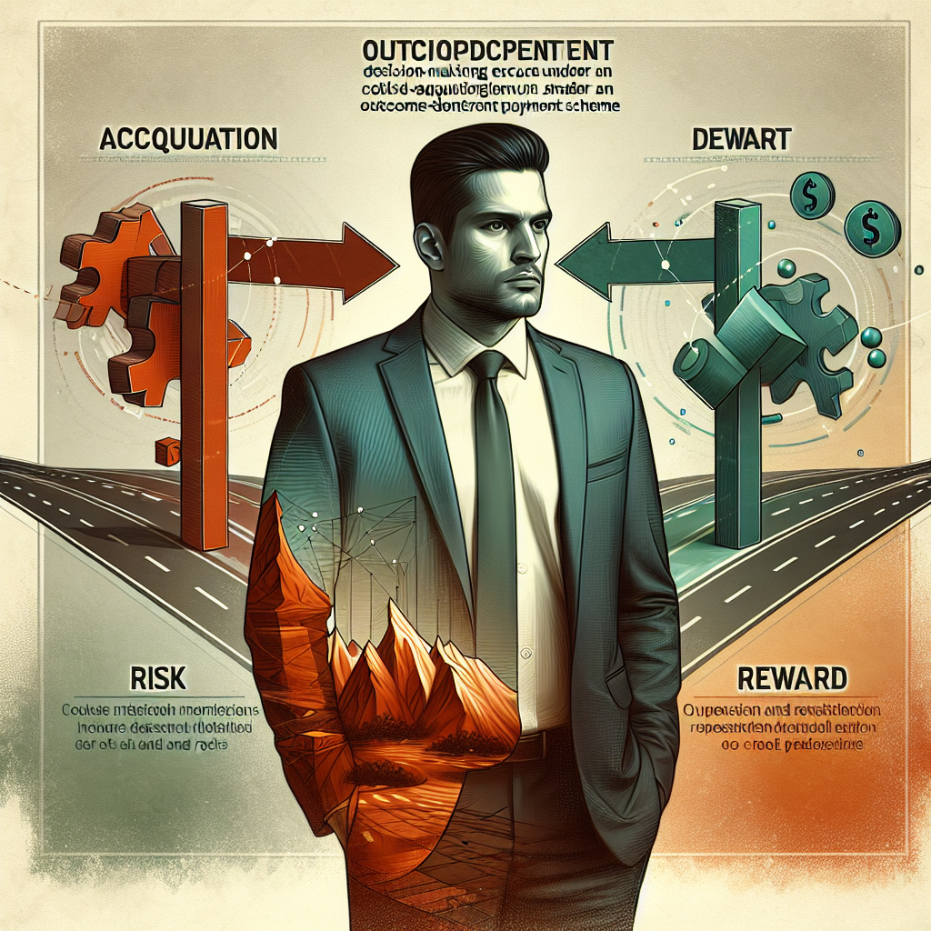 Generate an image of a businessman standing at a crossroad, symbolizing the decision-making process in cold acquisition under a No Cure No Pay model, with a stylized background featuring abstract representations of risk and reward.