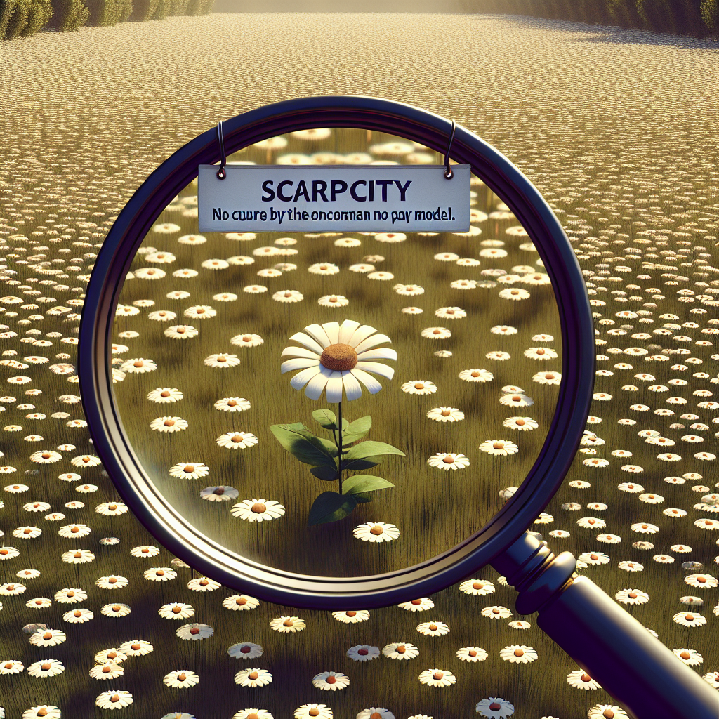 Generate an image depicting a visual metaphor for scarcity, with a magnifying glass focusing on a rare flower labeled 'No Cure No Pay Model' in a vast field, representing the rarity of such business models in cold acquisition.