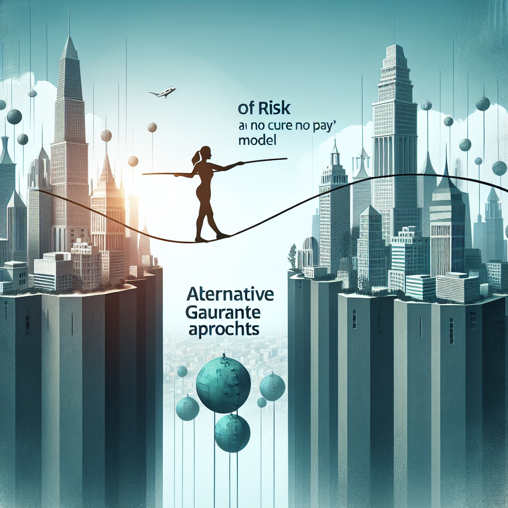 Generate an image illustrating the concept of risk for providers in a No Cure No Pay model, showing a tightrope walker balancing over a cityscape of skyscrapers labeled with various risks, with a safety net labeled 'Alternative Guarantee Approaches' below.