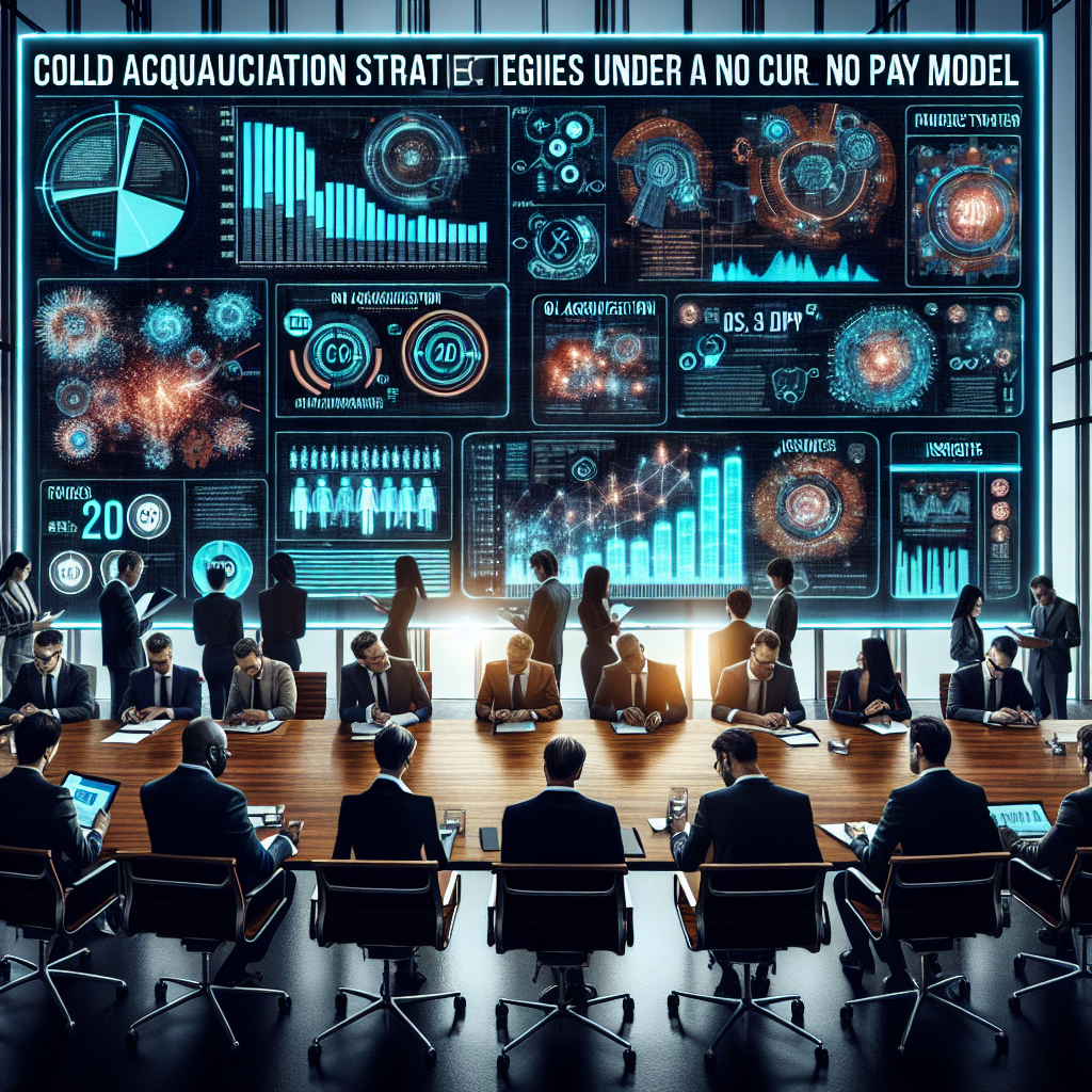 Generate an image of a corporate boardroom filled with executives brainstorming, with a large digital screen displaying insights and tips for businesses on implementing cold acquisition strategies under a No Cure No Pay model, using infographics and data charts.