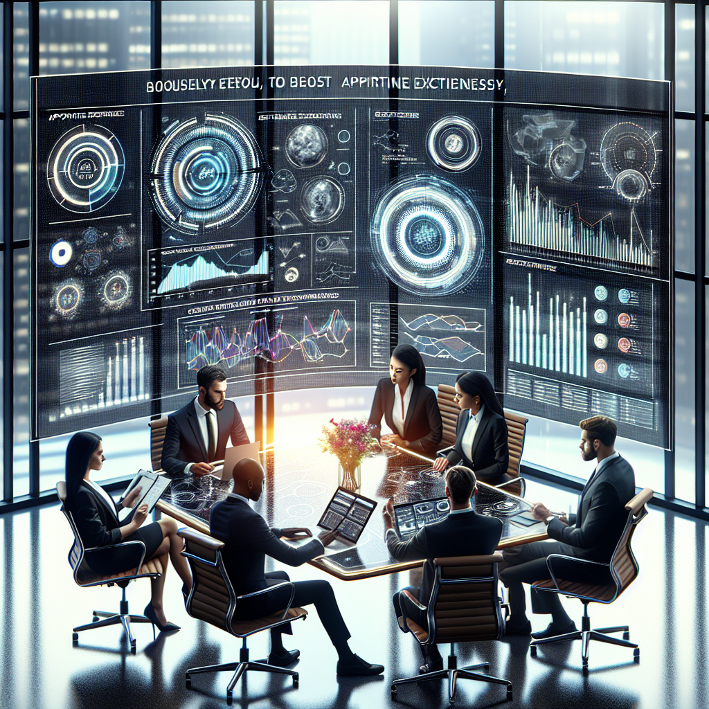 Generate an image depicting a professional business meeting where an efficient appointment planner tool is being used to enhance productivity and revenue. The setting is a modern office with diverse team members engaged in a strategic discussion, with digital tools and charts displayed on screens around them.