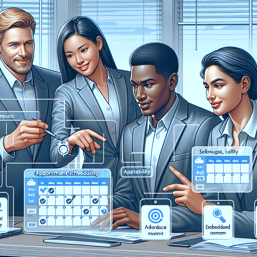 Generate an image showing a diverse group of business professionals interacting with a digital appointment scheduling interface. The image should convey a sense of precision, customization, and user-friendliness, with elements like calendars, time slots, and integrated communication tools visible.